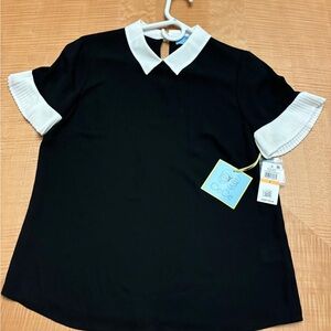 CeCe Black and White Short Sleeve Blouse